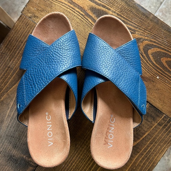 Vionic Blue Cork Wedge Leather Sandals - Picture 1 of 4